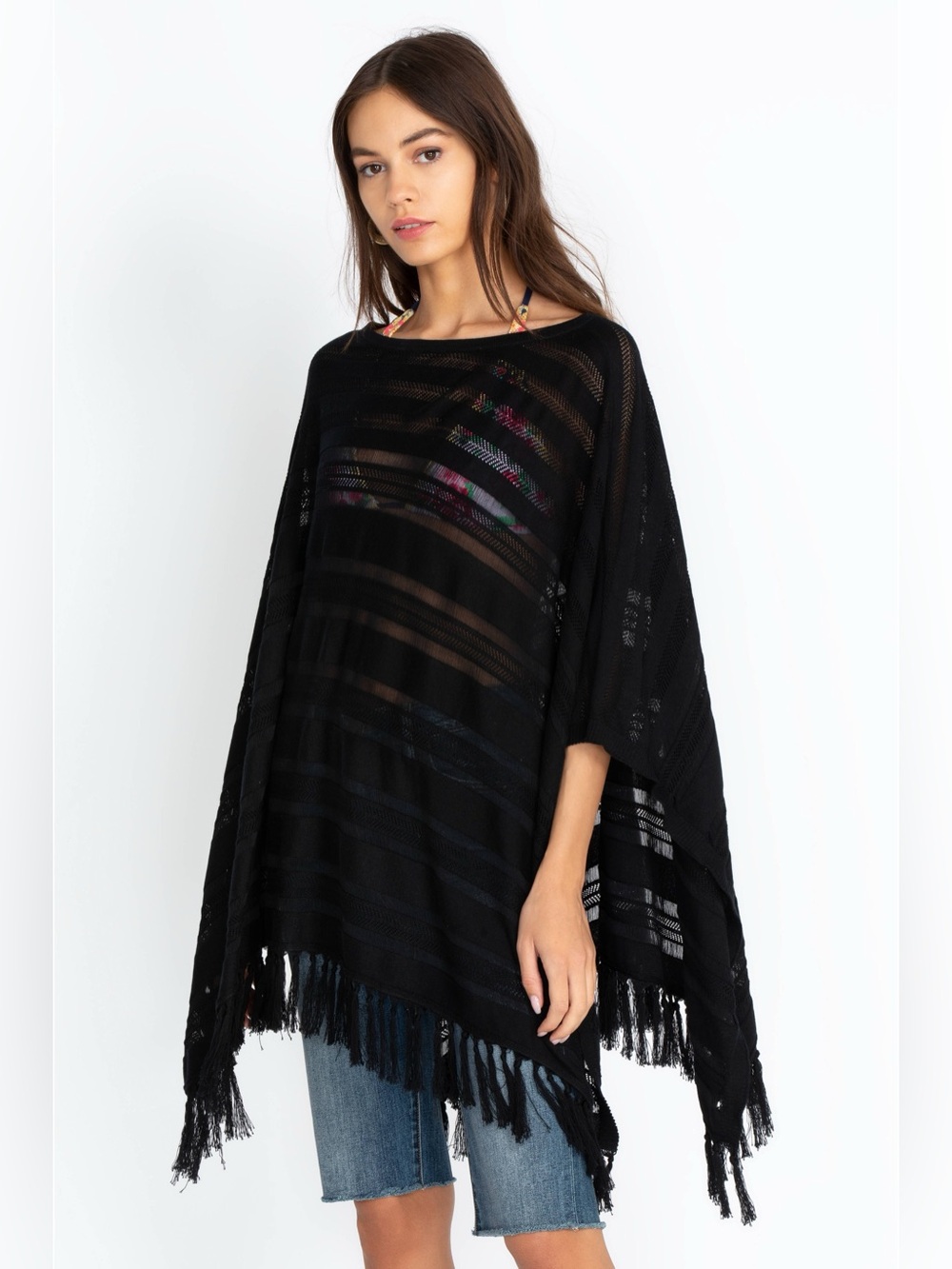 Johnny Was Open Work Poncho Black with Fringed Bottom Size:O/S NWT Retail $278